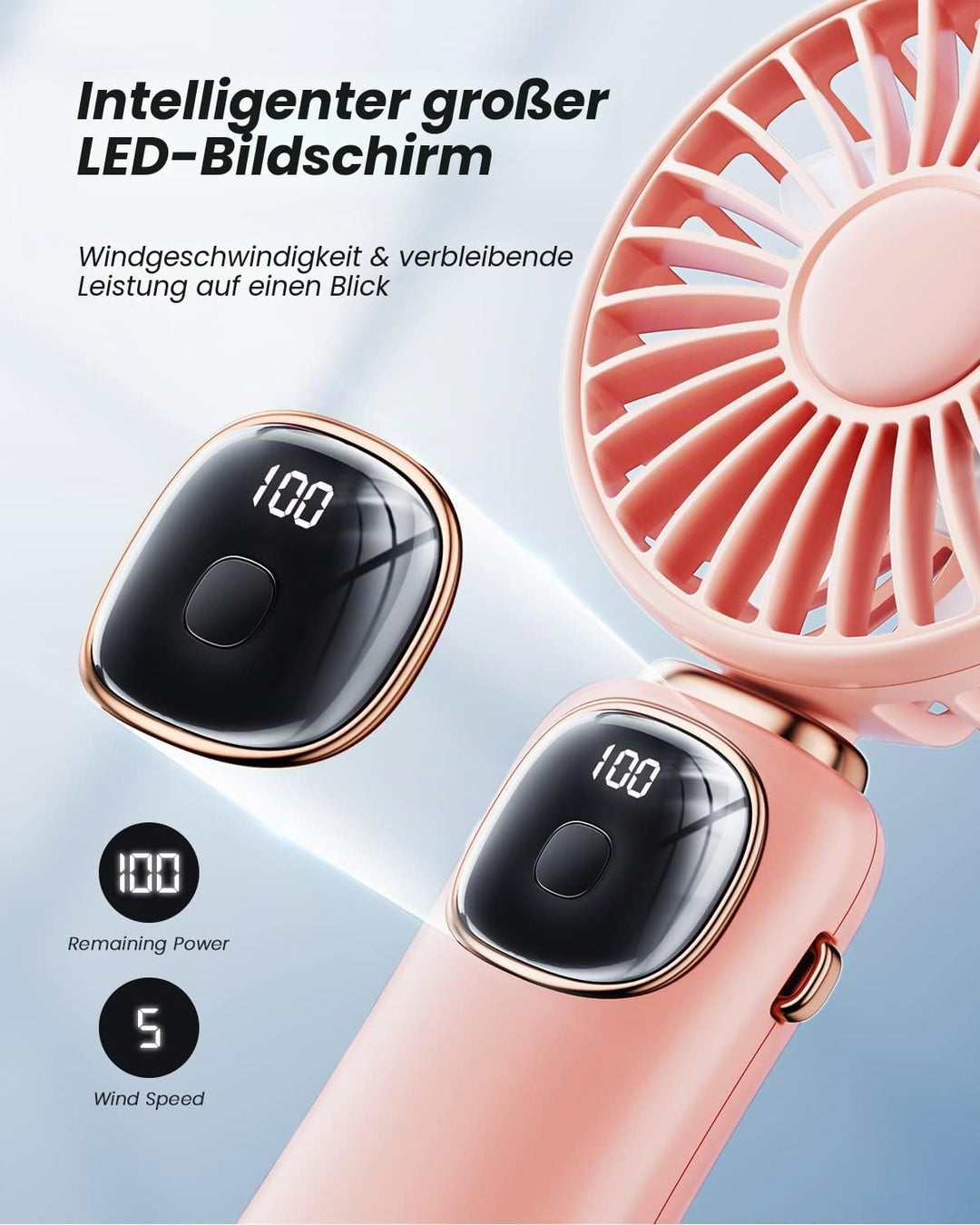 coldSky Tragbarer Handventilator, 4000 mAh, USB-wiederaufladbarer Ventilator mit LED-Display, Handhe