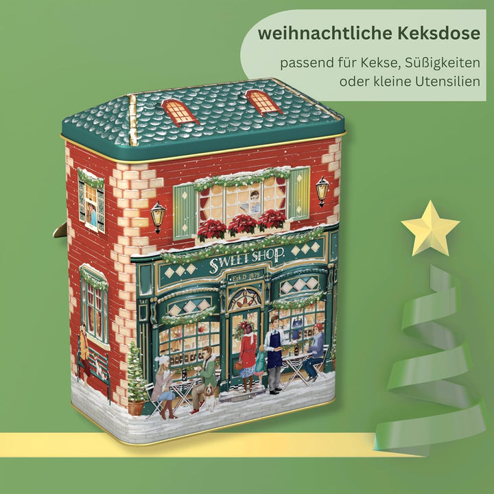 MediMuc Kleines Haus Winter Sweet mit Vordach - Dose, Gebäckdose, Geschenkdose, Sammlerdose - Volume
