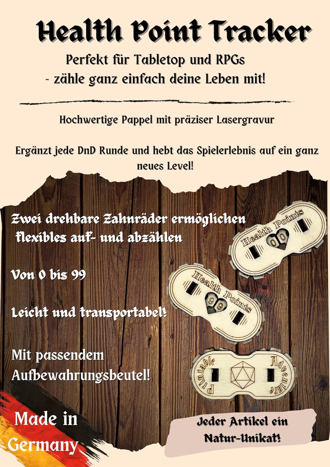 DND HP-Tracker aus Holz - Lebenspunkte-Zähler für Tabletop & RPGs - Perfekt für Dungeon Master & Spi