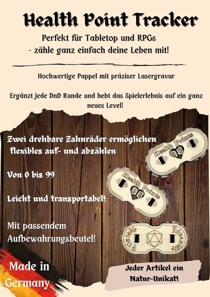 DND HP-Tracker aus Holz - Lebenspunkte-Zähler für Tabletop & RPGs - Perfekt für Dungeon Master & Spi