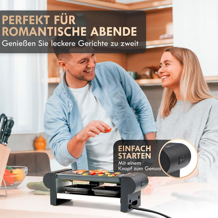 Clatronic® Raclette 2 Personen | Mini Raclette mit ca. 20,5 x 10,5 cm Grillfläche | für Grillen & Üb