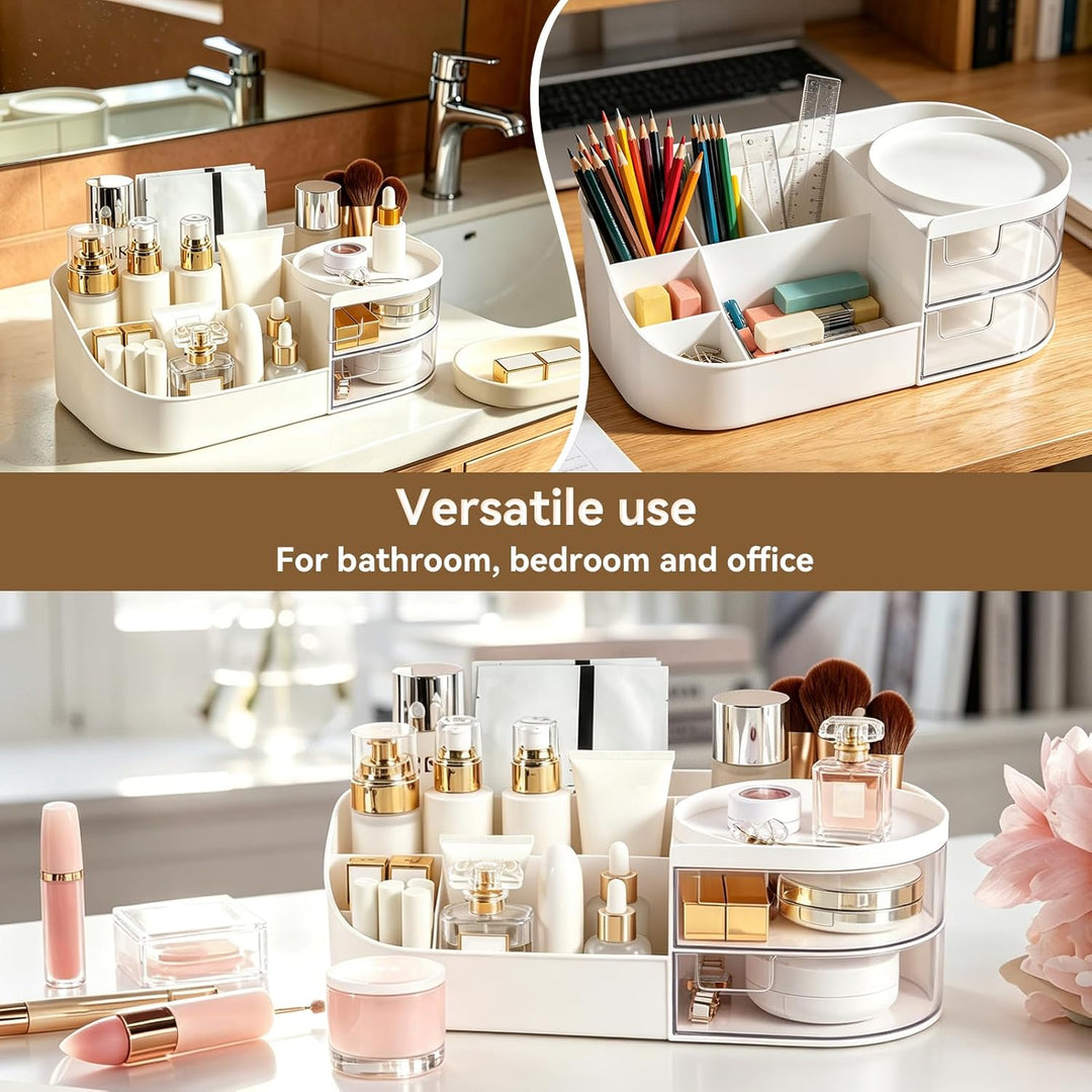 Schminktisch Organizer mit 2 Schubladen & Pinselhalter, Make Up Organizer Kosmetik Aufbewahrung für