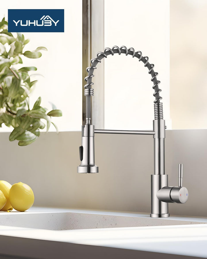 Niederdruck Wasserhahn Küche, Frühling Gebürstet Edelstahl Küchenarmatur mit Brause Ausziehbar 2 Mod