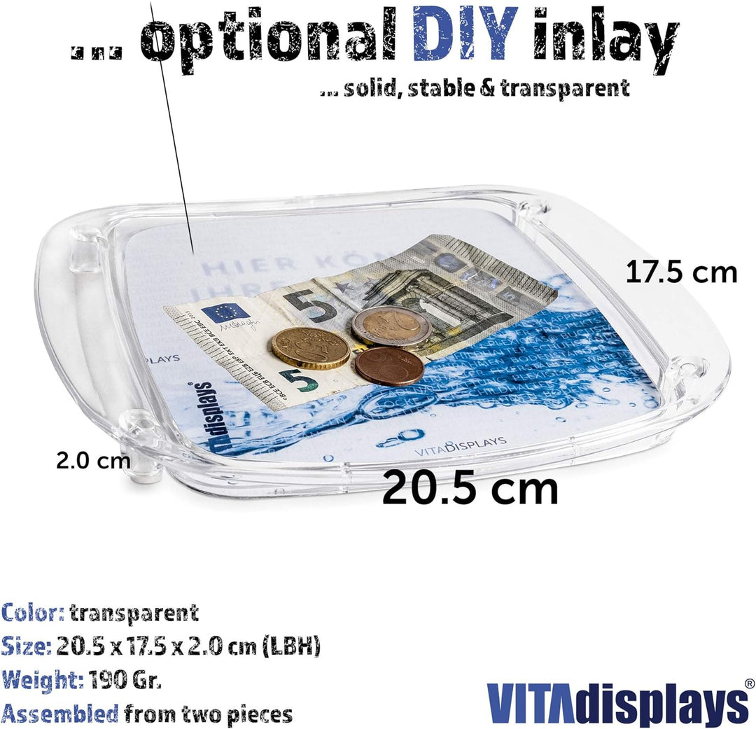 VITAdisplays Zahlteller - Cash-Tray - Wechselgeldschale „ECONOMY“, transparente Zahlschale, individu