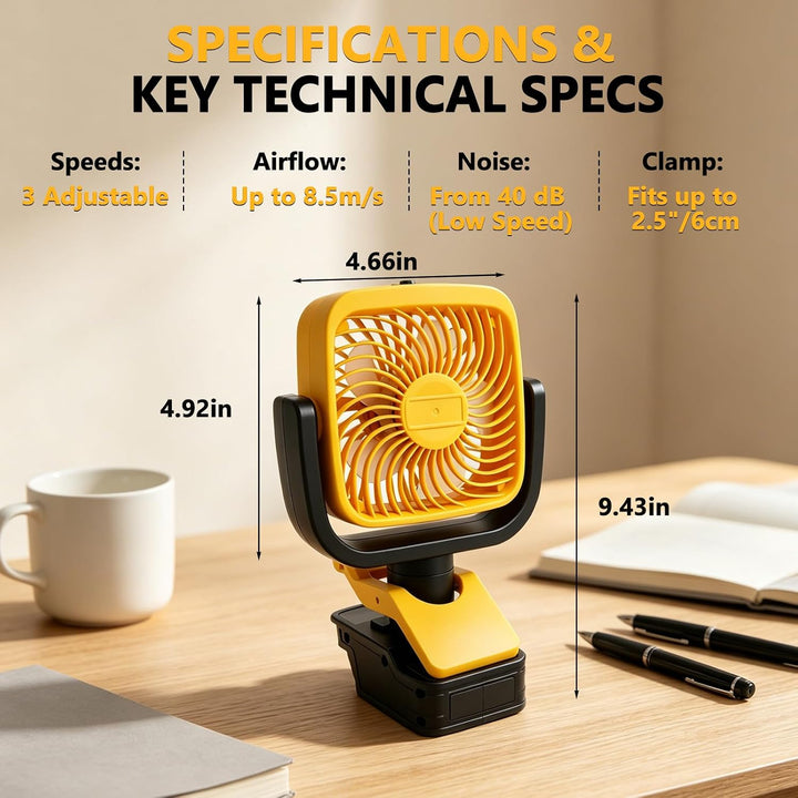 Ventilator zum Anklippen, kompatibel mit Dewalt 20-V-Batterie, tragbarer kabelloser Ventilator mit 3