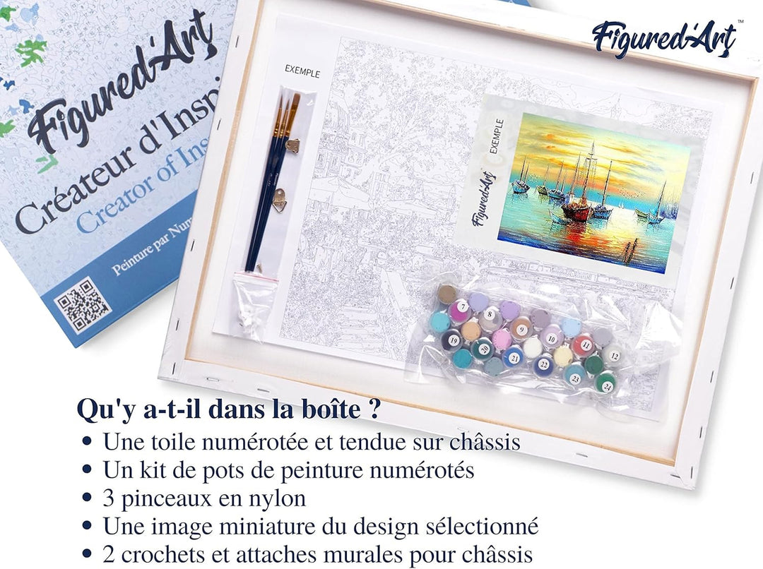 Figured'Art Malen Nach Zahlen Erwachsene Mit Rahmen Segelboote an der Küste - Paint by Numbers Baste