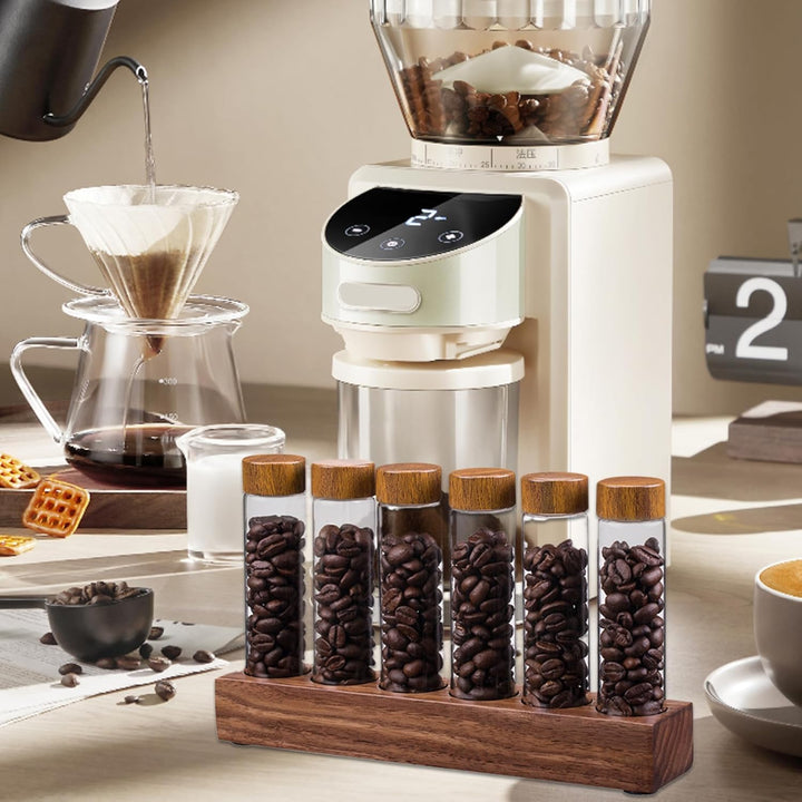 Kaffeebohnen -Röhren Kaffeebohnenkeller 6pcs Einzeldosis Kaffeebohnen -Lagerrohre mit Holzständer ＆