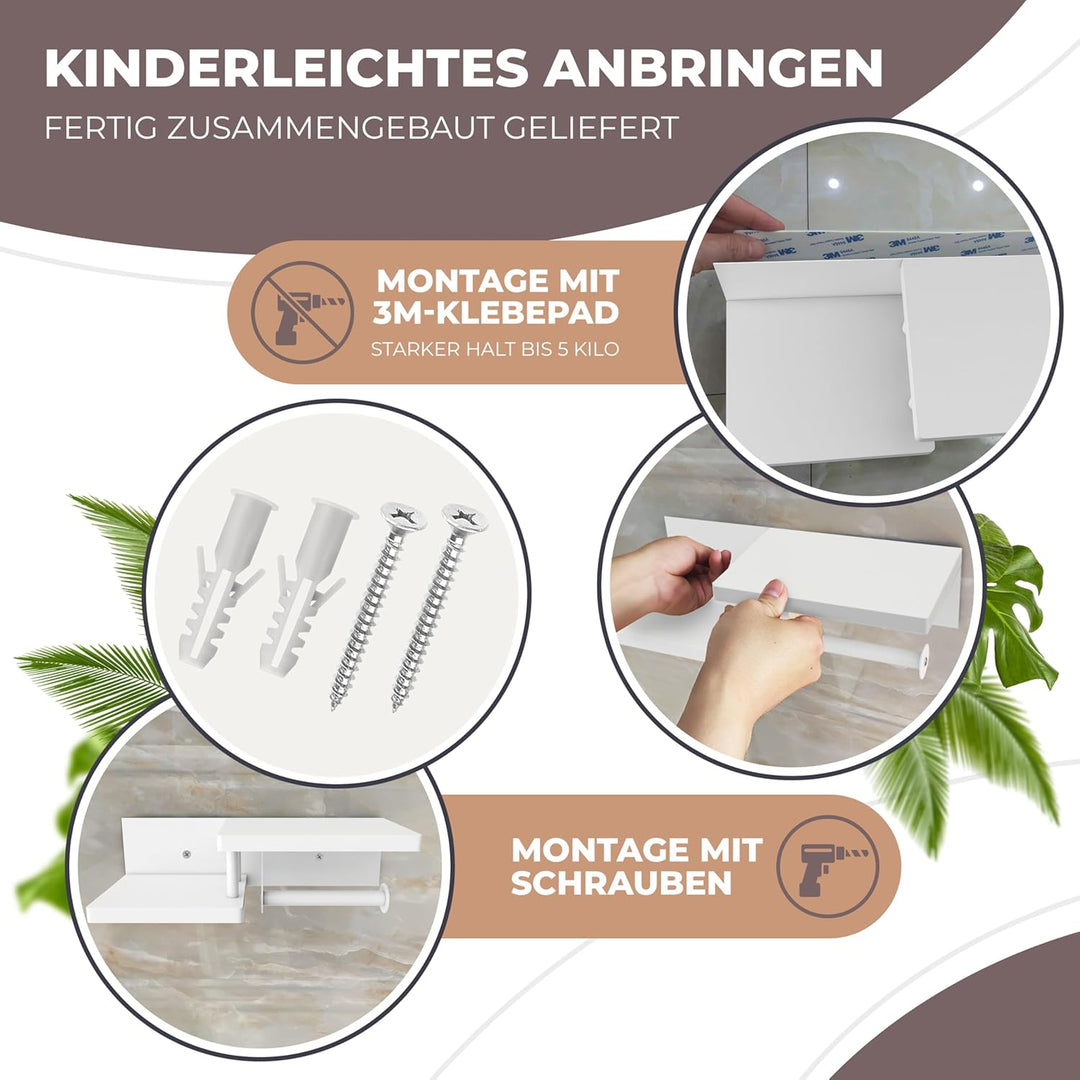 Toilettenpapierhalter Holz Bambus komplett weiss [KLEBEN oder Bohren] | hochwertiger Klopapierhalter