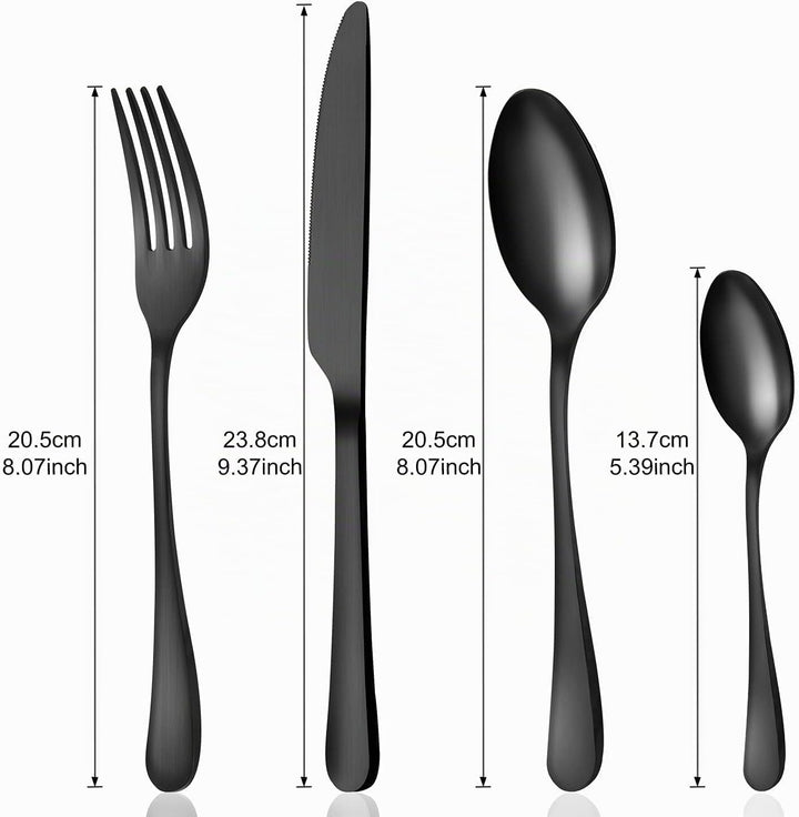 BEWOS 24 Stück Besteck Set, Schwarz Mattiert Essbesteck Set für 6 Personen, Besteck Edelstahl Spiege