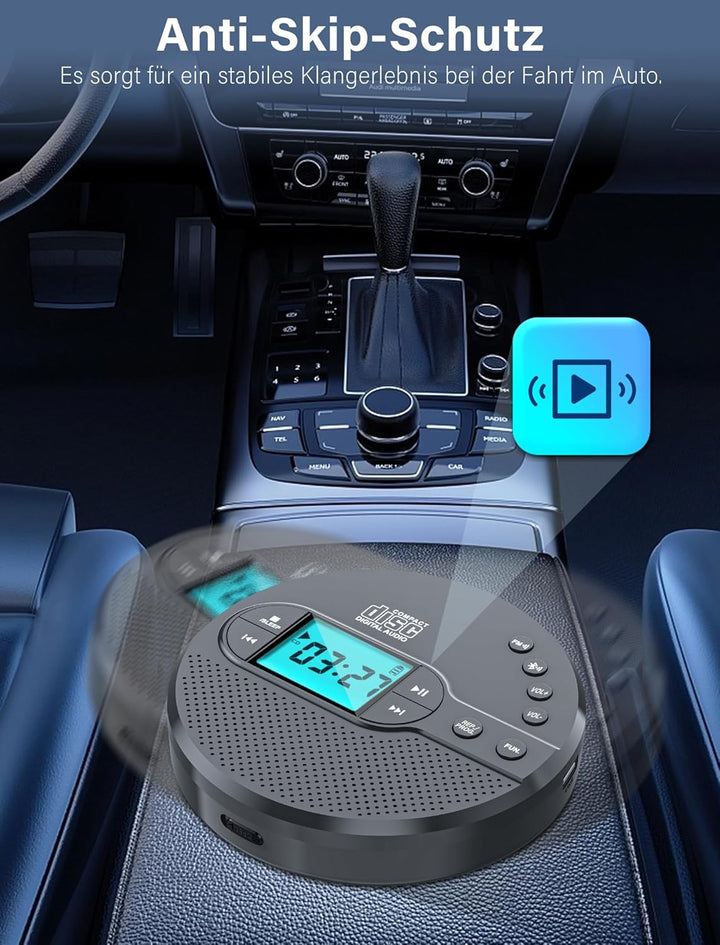 Walkman CD-Player mit Bluetooth - 2000mAh Wiederaufladbarer Discman CD-Player mit FM-Transmitter, Ko