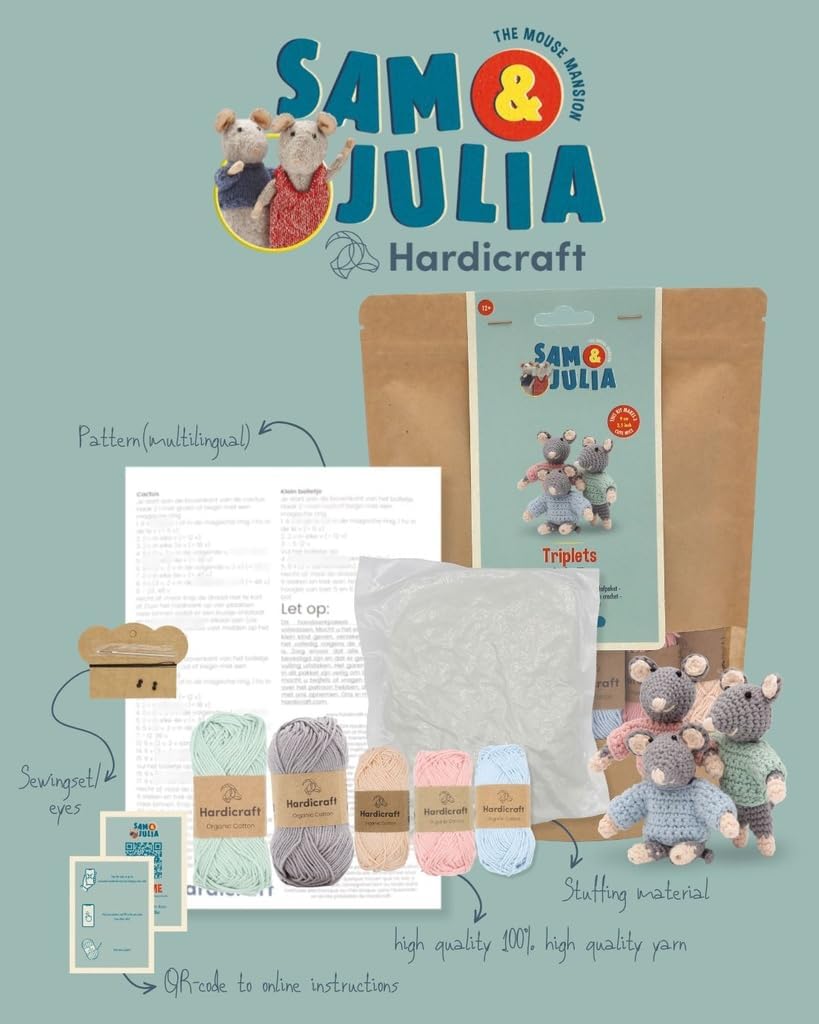Hardicraft Häkelpaket Häkelset zum selber Machen mit Anleitung und Material für Mäuse-Drillinge, Dri