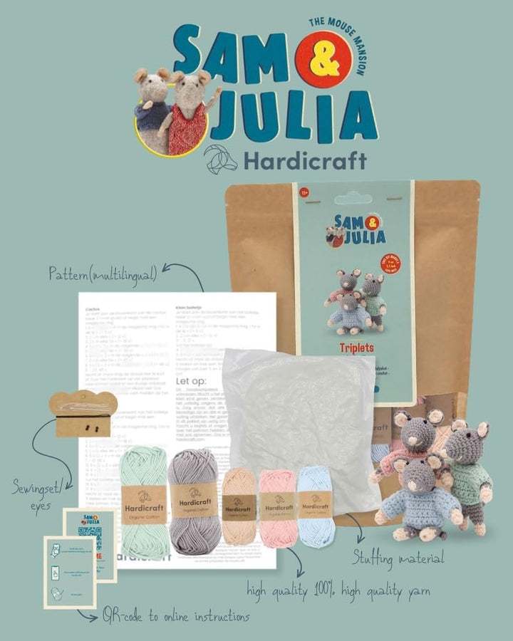 Hardicraft Häkelpaket Häkelset zum selber Machen mit Anleitung und Material für Mäuse-Drillinge, Dri