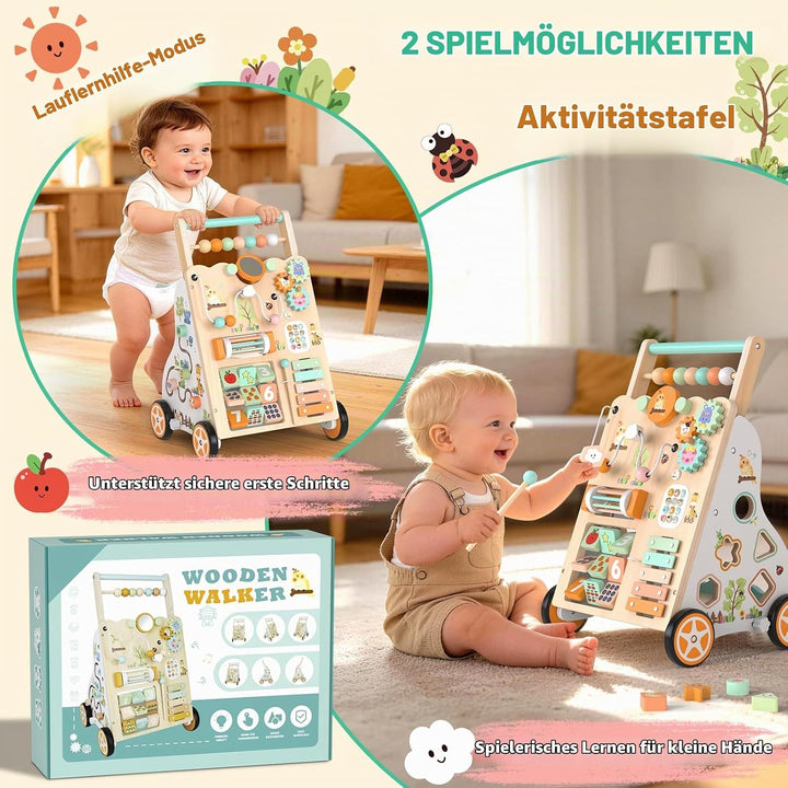 Holz-Lauflerner für Kleinkinder 12+ Monate, Montessori-Schiebewagen mit Aktivitätszentrum, Perlenlab