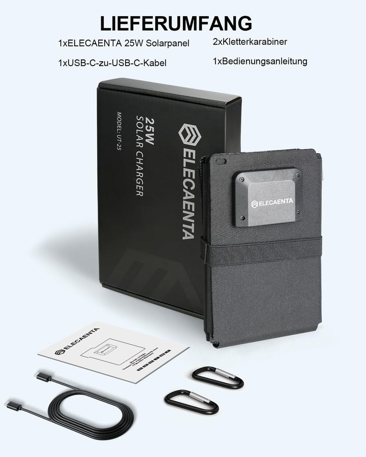 ELECAENTA 25W HPBC ETFE Faltbares Solar Ladegerät, Taschenformat Mini Solarpanel mit USB-A & USB-C,