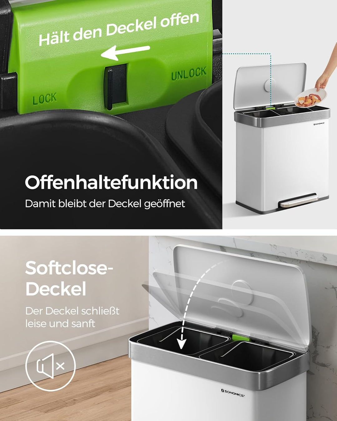 ‎SONGMICS Kücheneimer, 2 x 30L Edelstahl-Tret-Abfalleimer mit 15 Müllbeuteln, Recycling und Abfall,