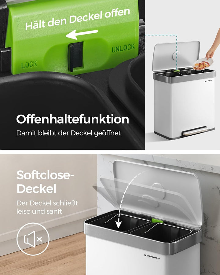 ‎SONGMICS Kücheneimer, 2 x 30L Edelstahl-Tret-Abfalleimer mit 15 Müllbeuteln, Recycling und Abfall,