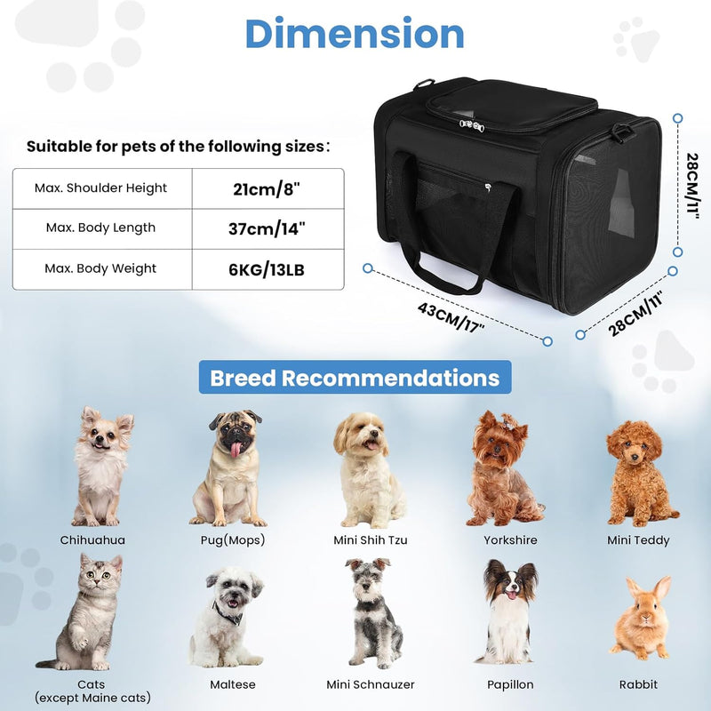 PETTOM Transportbox für Hunde und Katzen 43x28x28 cm, Faltbar, Wasserdicht, mit Schultergurt, Weich