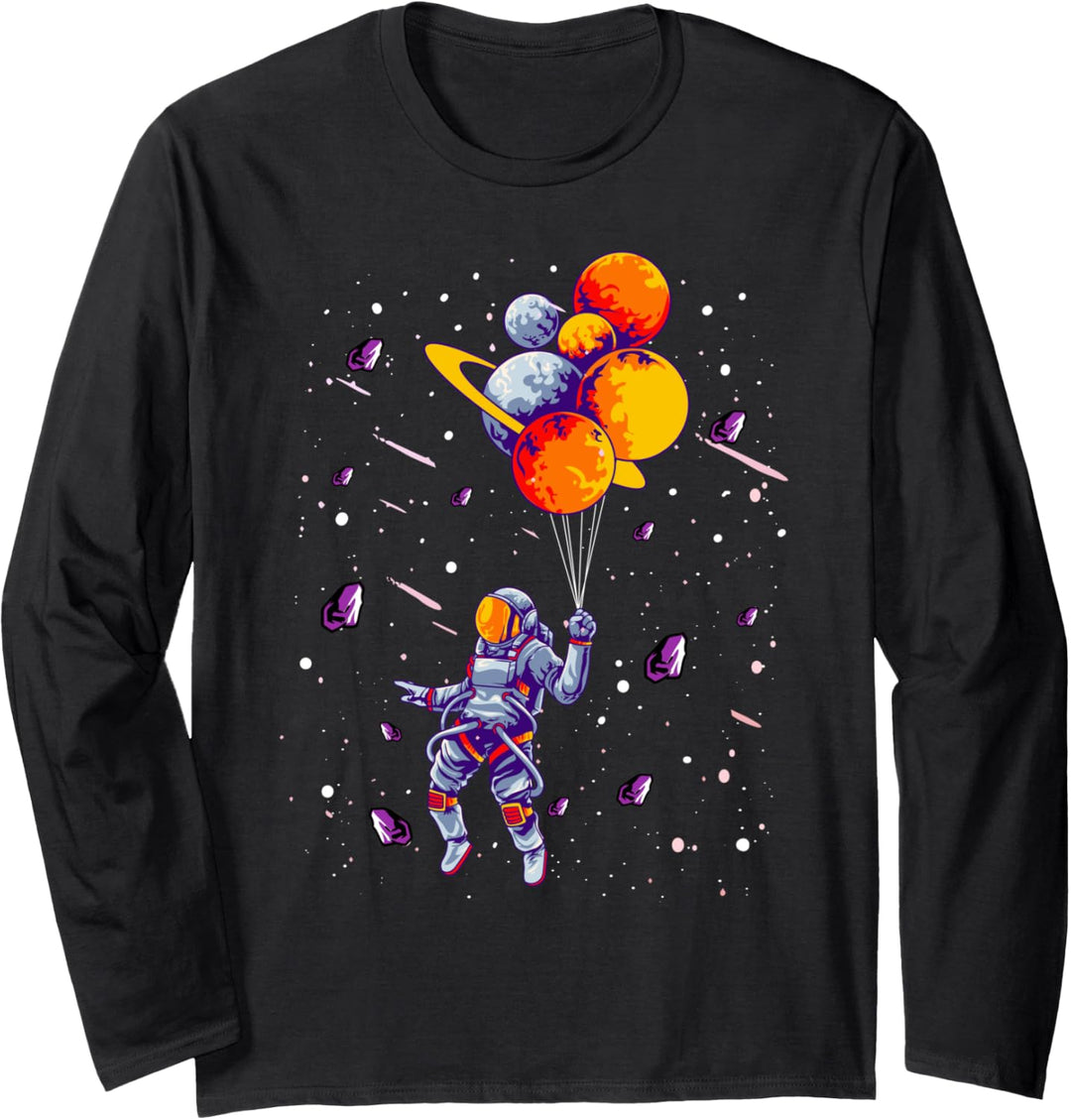 Outer Space Lovers Gift Spaceman Flying Holding Planets Trip Langarmshirt
