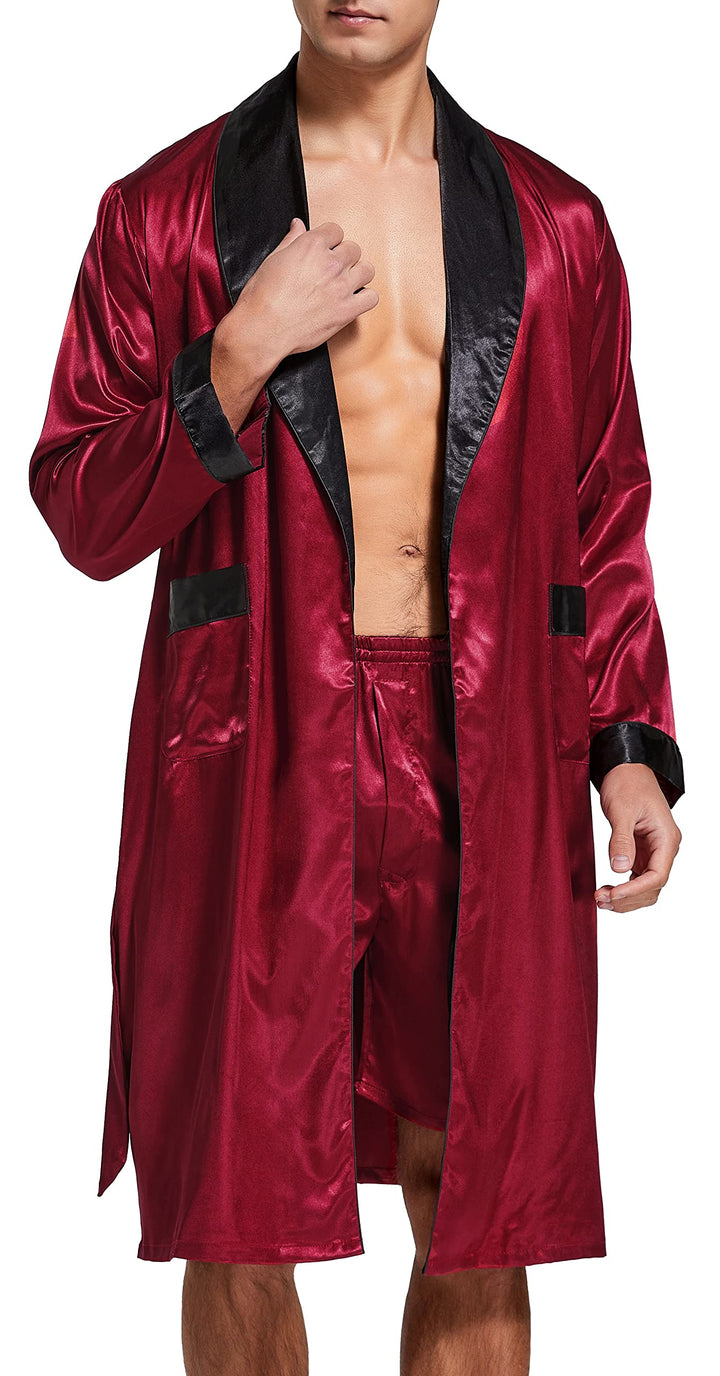 Herren Satin Bademantel, Leichter Seiden Langarm Bademantel mit Shorts Set, Spa Kimono Nachtwäsche X