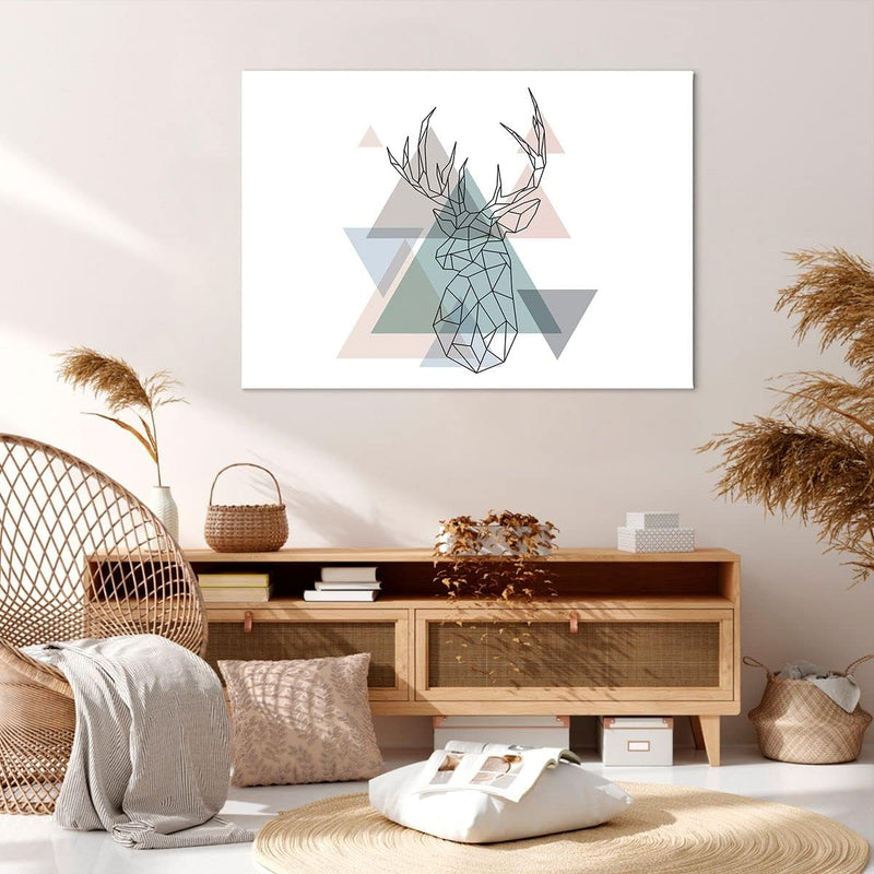 Bilder auf Leinwand 100x70cm Leinwandbild mit Rahmen Hirsch Abstraktion Gross Wanddeko Bild Schlafzi