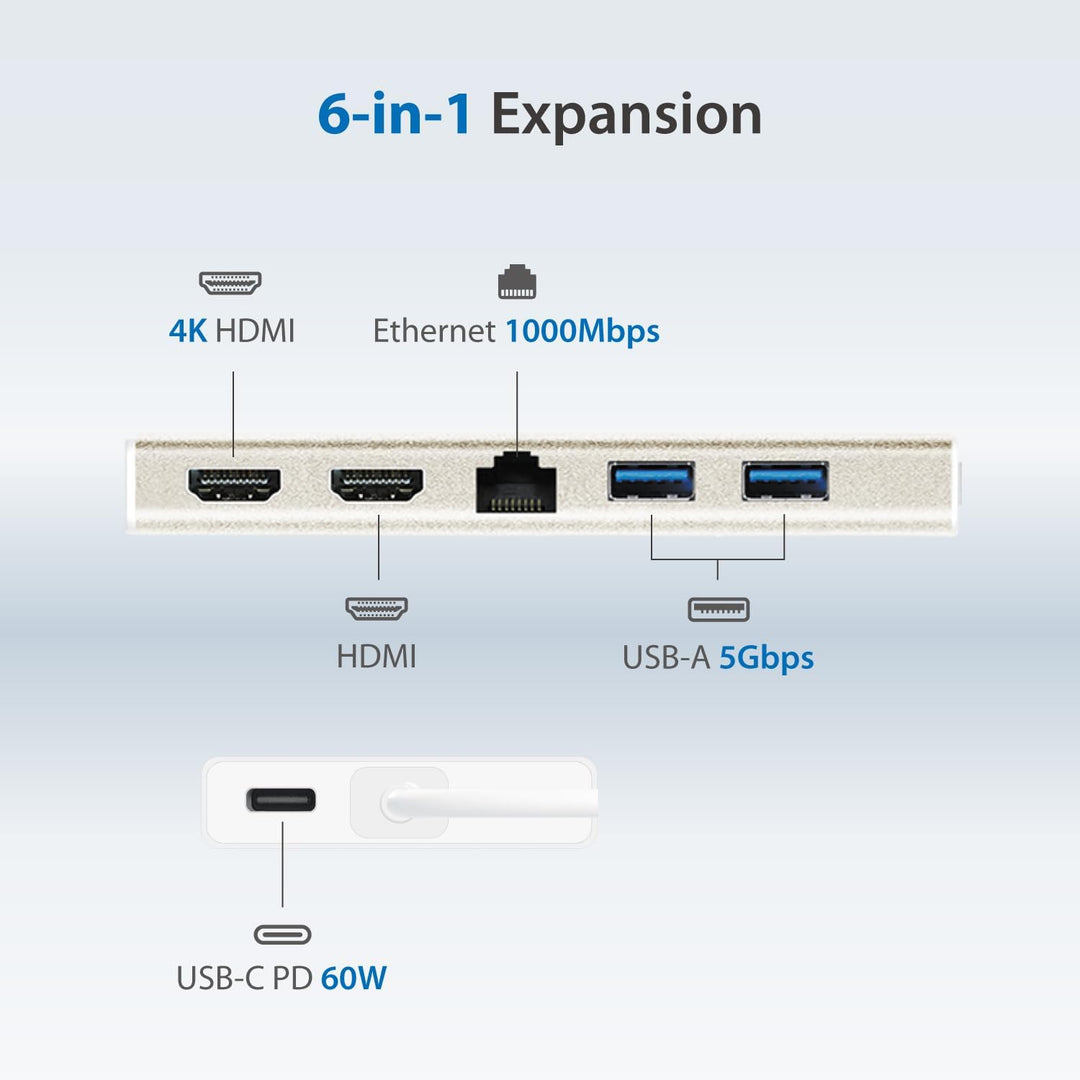j5create USB-C Dual HDMI Hub - Typ C Dockingstation mit 2X HDMI, 2X USB 3.0, Ethernet, PD 60W Durchg