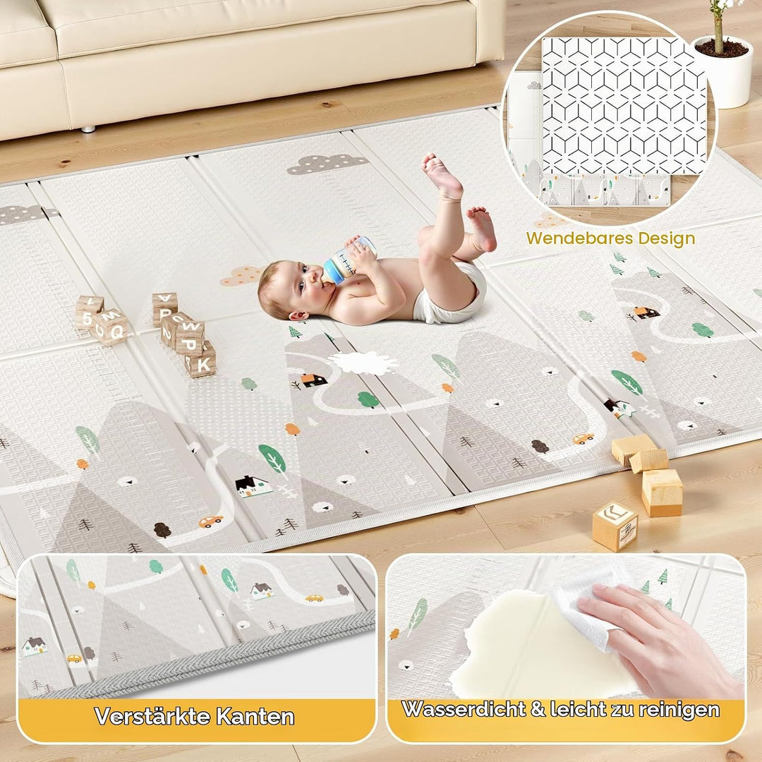 Laufstall Baby mit Matratze - 150×180cm Grosser Baby Laufstall mit Netzseiten, Laufstall XXL mit rut