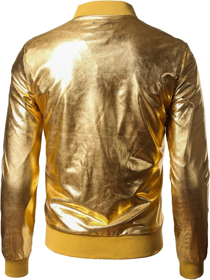 JOGAL Herren Metallic Nachtclub Reissverschluss Baseball Bomber Jacke XXL Gold, XXL Gold