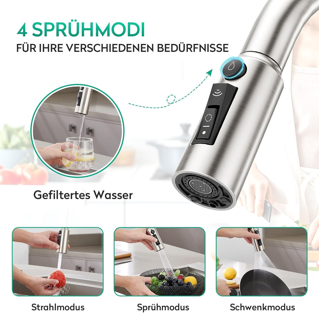 CREA 3 Wege Küchenarmatur mit Brause, Drei Wege Wasserhahn Küche Ausziehbar, 360° Drehbar 3 Wege Mis