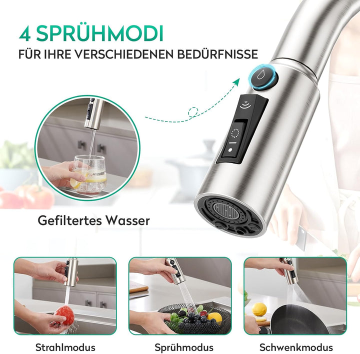 CREA 3 Wege Küchenarmatur mit Brause, Drei Wege Wasserhahn Küche Ausziehbar, 360° Drehbar 3 Wege Mis