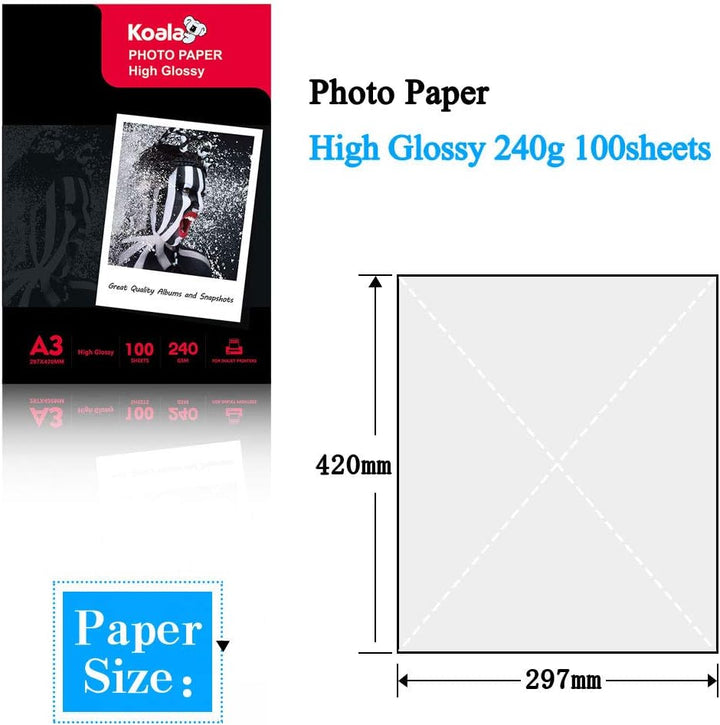 Koala Inkjet Hochglänzend Fotopapier DIN A3, 240 g/m², 100 Blatt, für Canon HP Epson Tintenstrahldru