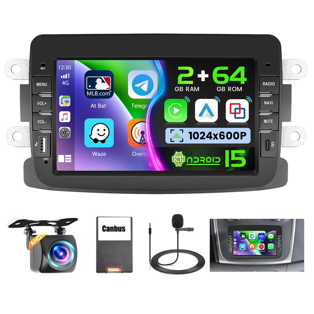 Hikity 2G+64G Android 15 Autoradio für Renault Spring, Dacia Logon, Duster, Captur, Sandero, Symbol,