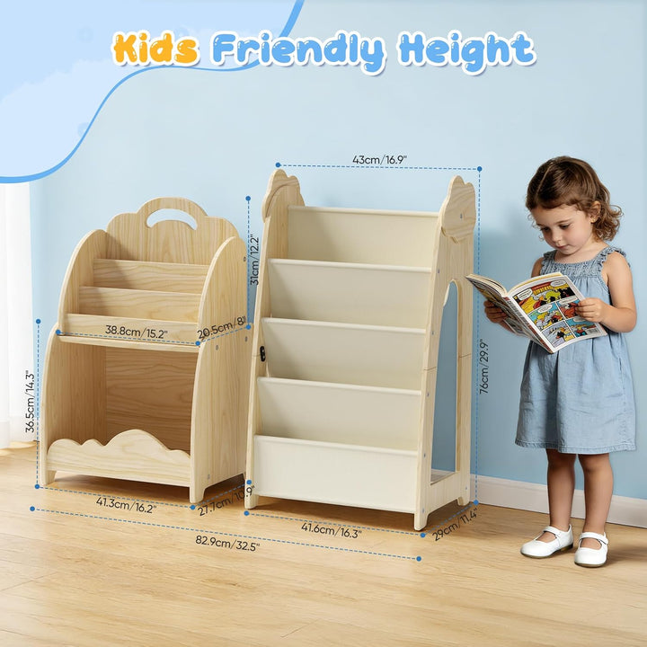3-in-1 Kinderregal, Holz Kinder Bücherregal mit Spielzeugregal & Hängetasche & Offenem Fach, Tragbar