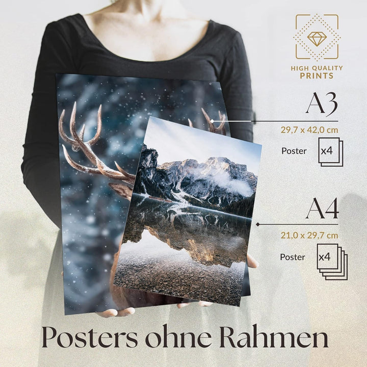 Heimlich® 8er Poster Set OHNE Rahmen | Naturmotive mit Bergen, Wald und Tieren für Wohnzimmer | Wand