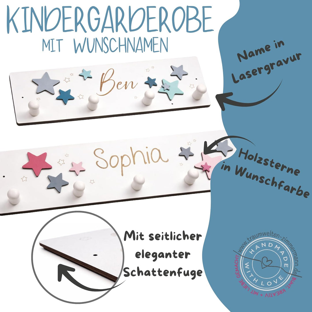 Kindergarderobe aus Holz mit Bagger in blau, grau, hellblau I Kinderzimmerdekoration I Mit Wunschnam