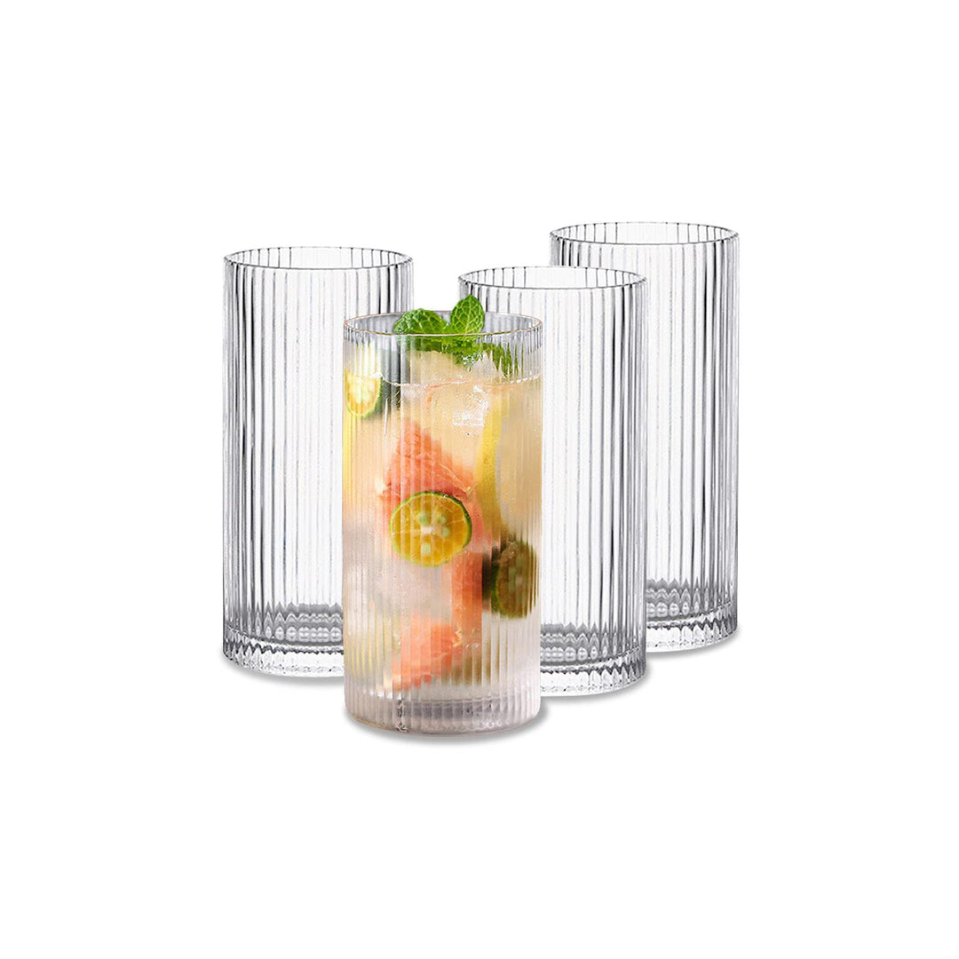 INSETLAN 370ml Geriffelte Longdrinkgläser mit Glasstrohhalm | Ideal für Whisky, Bier, Säfte | Spülma