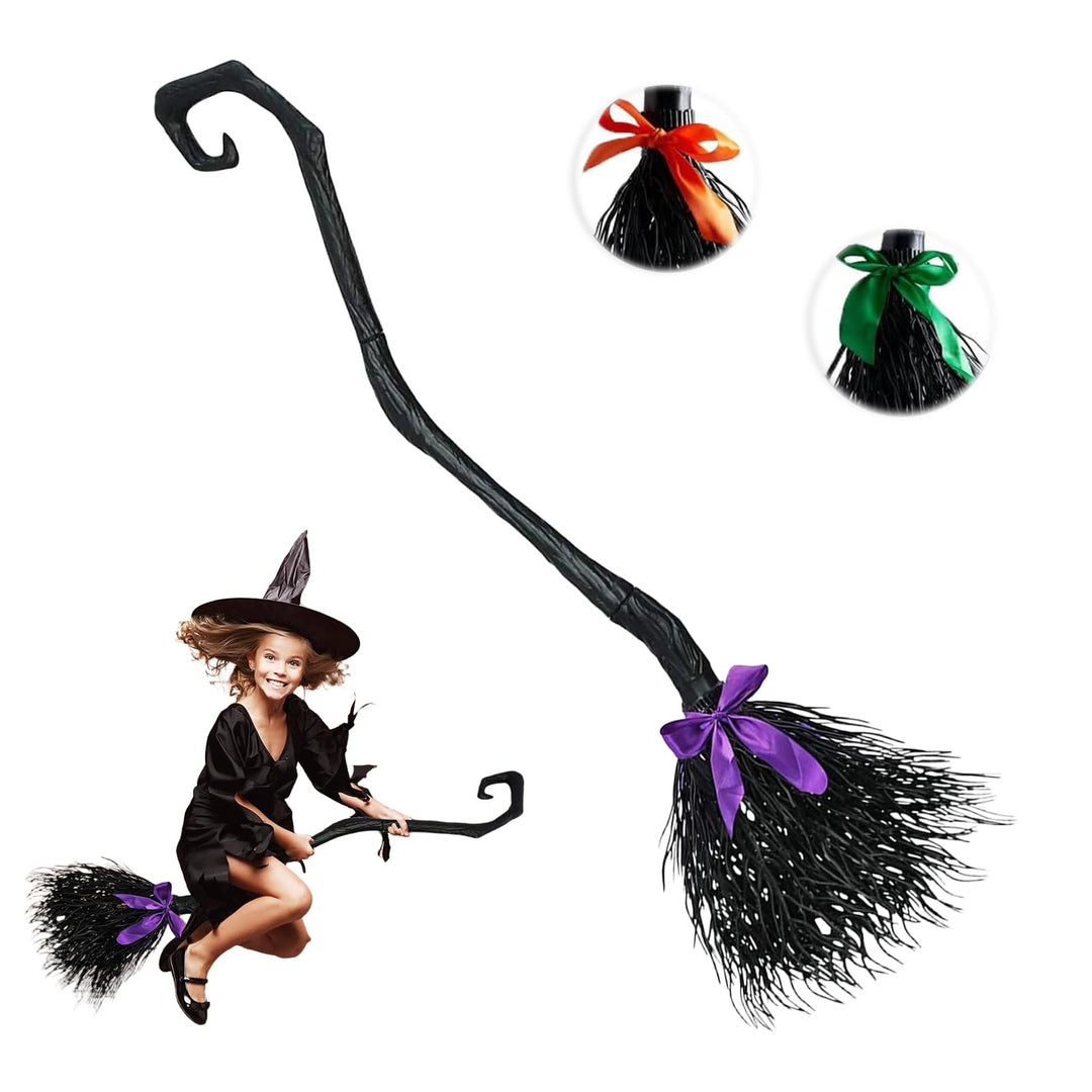 Halloween Hexenbesen, Hexenbesen Kinder mit 3 farbigen Bändern, 130cm Halloween Reisigbesen, Hexe Ma
