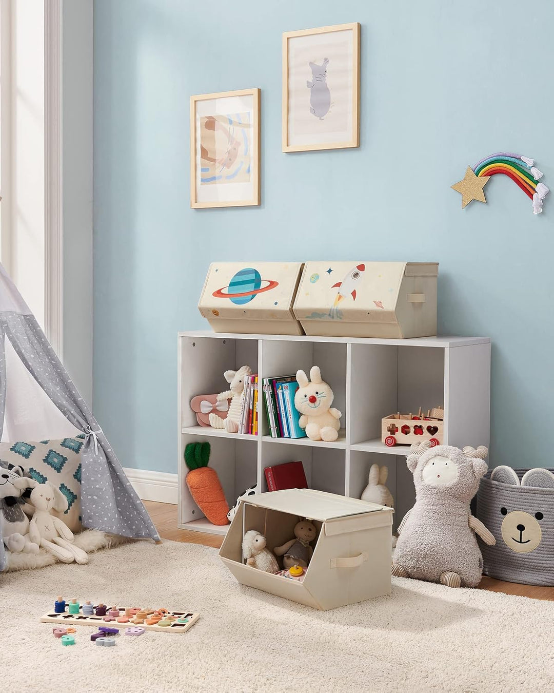 SONGMICS Aufbewahrungsbox Kinder, 3er Set, Faltboxen, Spielzeugkiste mit Deckel, 38 x 35 x 25 cm, fü
