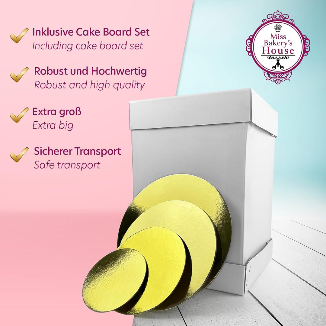 Miss Bakery’s House® Tortenkarton - 30x30x45 cm mit Cake Board Set 2 mm - Ø 15 + 20 + 25 + 30 cm (4e
