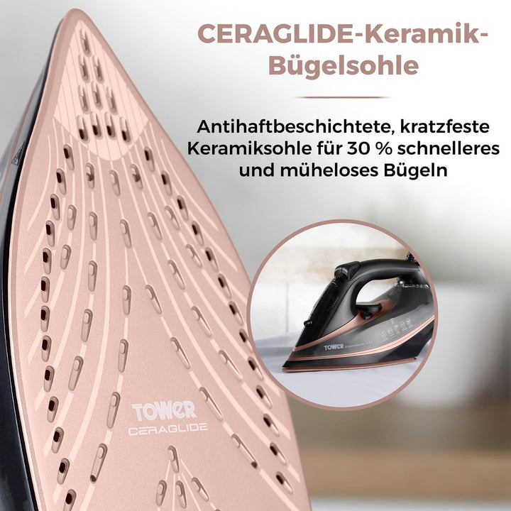 ower T22013 CeraGlide Dampf Bügeleisen mit Keramiksohle - 3100 W, Roségold und Schwarz 3100 W Ceragl