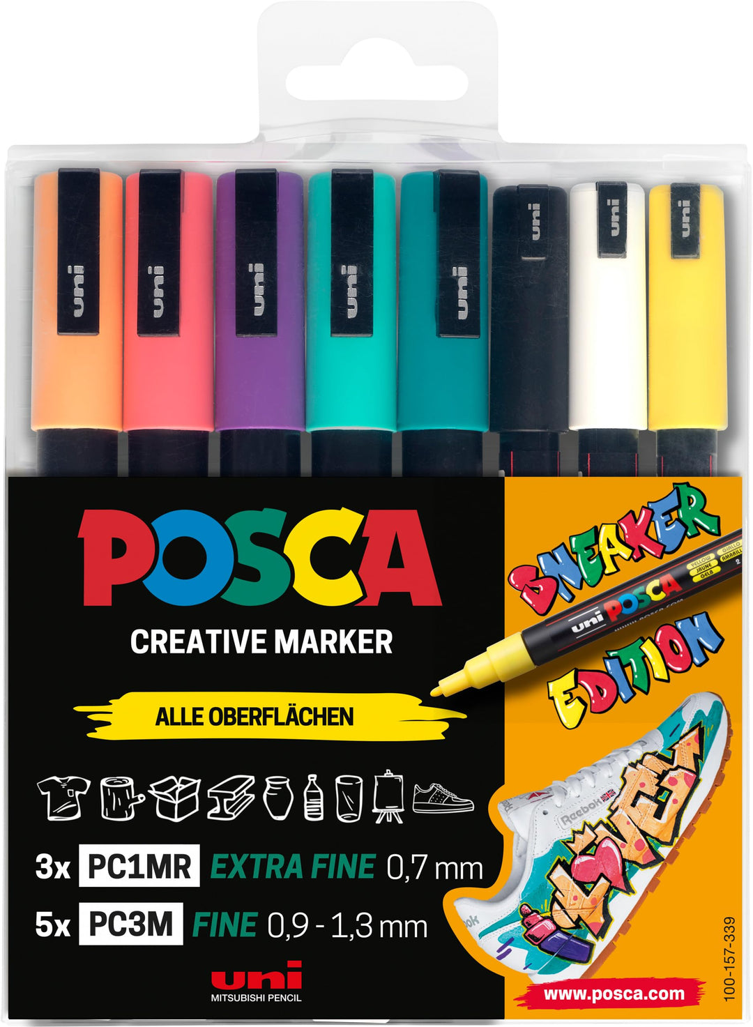 POSCA - Acrylmarker Sneaker Set 8 Farben für helle Oberflächen | Marker mit feinen und extra feinen