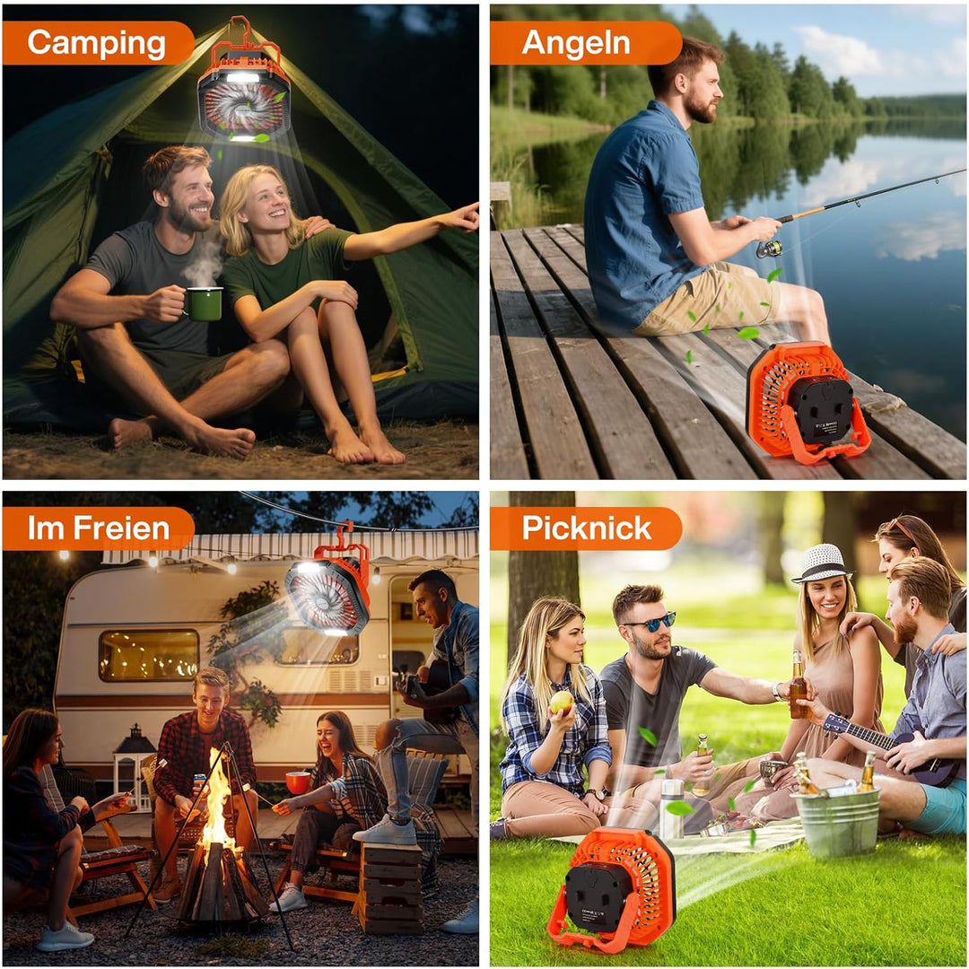 Camping Ventilator, 10000 mAh Ventilator USB-Tischventilator mit Licht, Haken und Paracord-Armband,