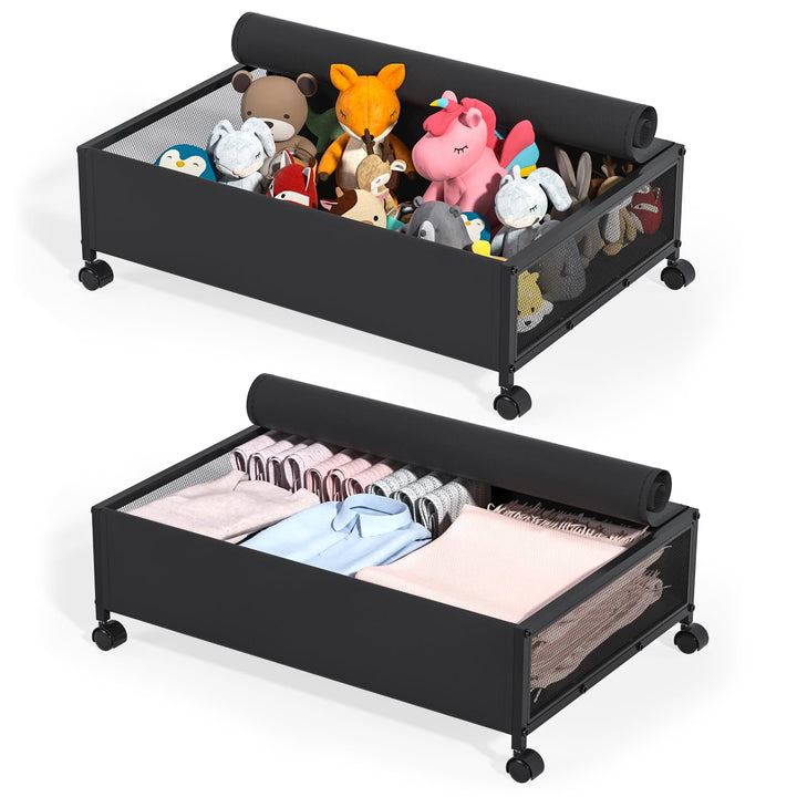 Unterbett Aufbewahrungsbox, 2 Stück Unterbettkommode mit Rollen und Deckel, Metallrahmen Bettkasten