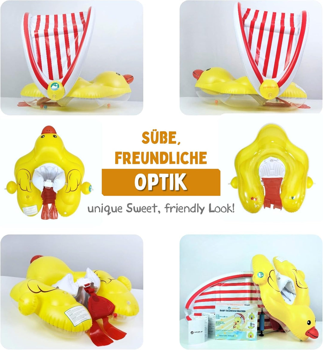 EDWEKIN® Einzigartiger Baby Schwimmtrainer mit abnehmbarem Sonnendach, Ente Schwimmring Baby, Baby S