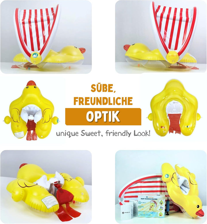 EDWEKIN® Einzigartiger Baby Schwimmtrainer mit abnehmbarem Sonnendach, Ente Schwimmring Baby, Baby S
