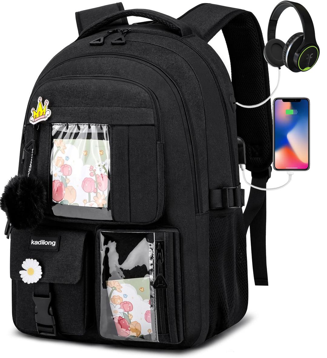 Schulrucksack Mädchen Rucksack Damen 15,6 Zoll Laptop für Uni, Schultasche Schulranzen mit USB Ladea