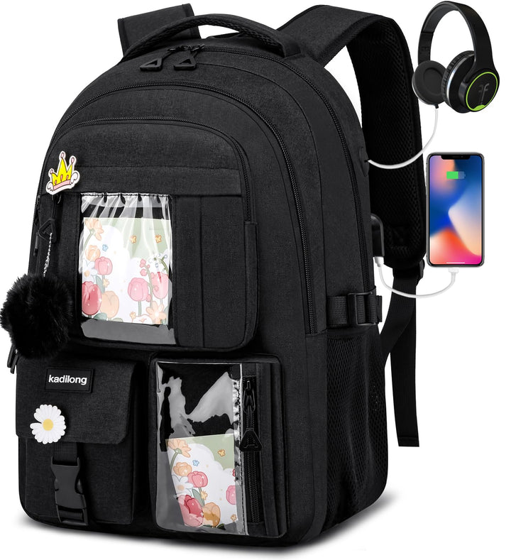 Schulrucksack Mädchen Rucksack Damen 15,6 Zoll Laptop für Uni, Schultasche Schulranzen mit USB Ladea
