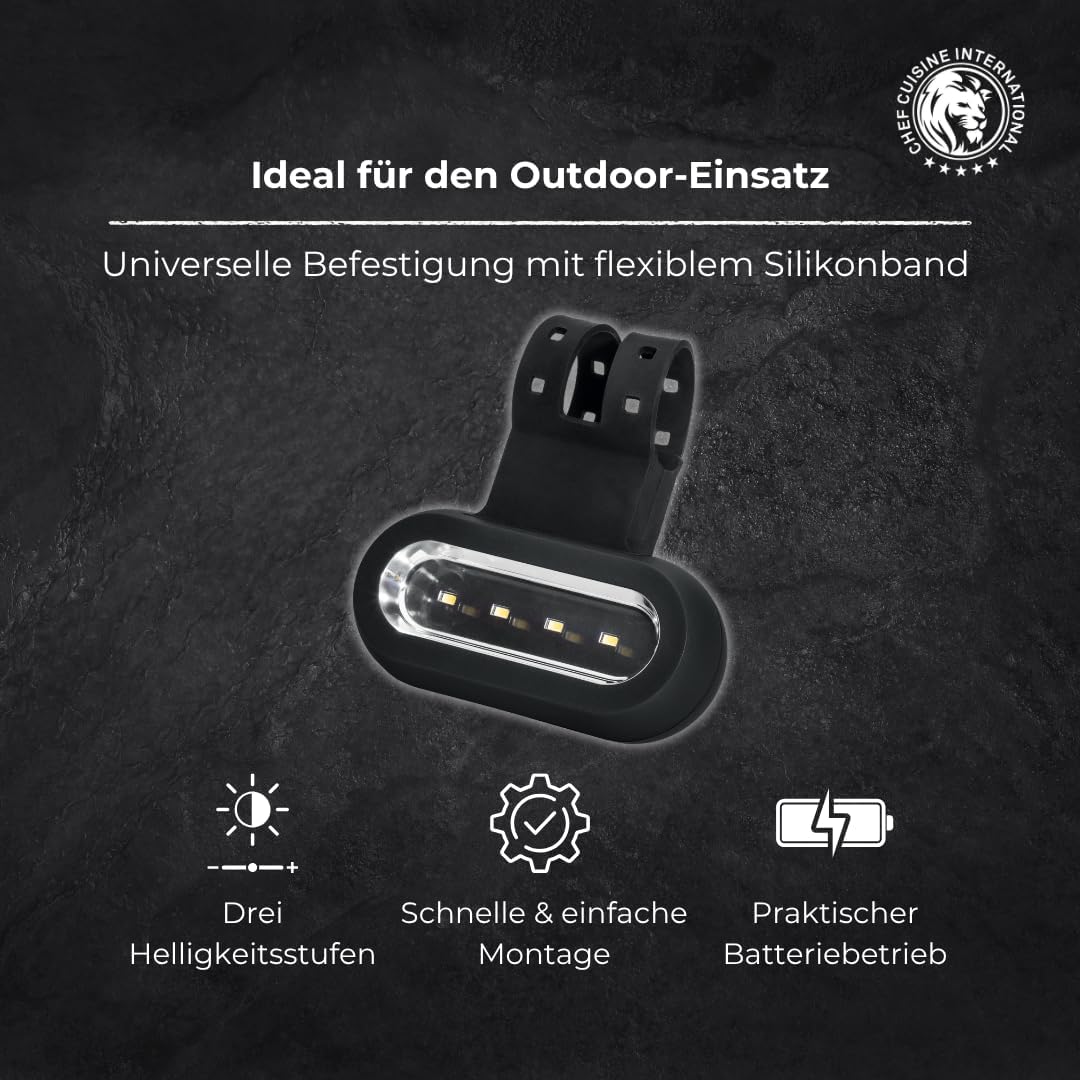 CHEF CUISINE Grill Licht LED – Grill Beleuchtung mit drei Helligkeitsstufen, batteriebetriebene Kuns
