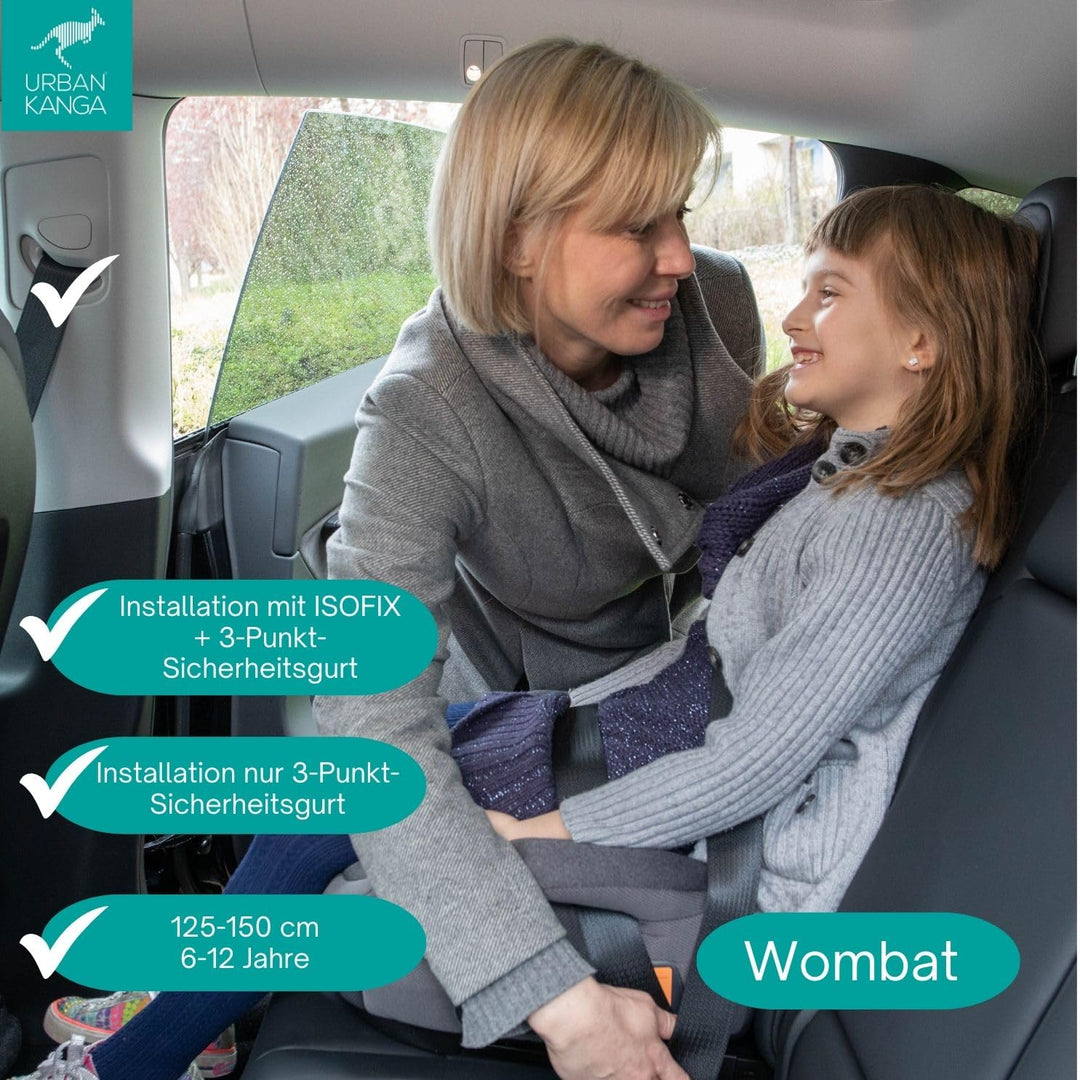 Urban Kanga Wombat Sitzerhöhung Auto Kinder Isofix 125-150 cm Gruppe 3 (Grau Gesteppt), Grau Gestepp