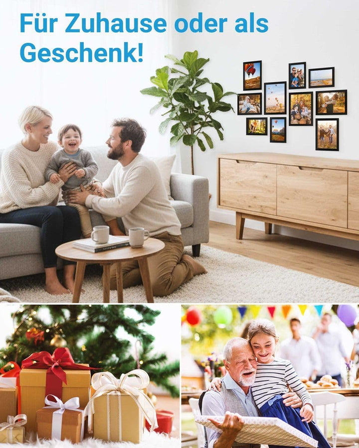 PHOTOLINI Schwarze Bilderrahmen Set verschiedene Grössen, Bilderrahmen Collage 10 Rahmen, Bilderrahm