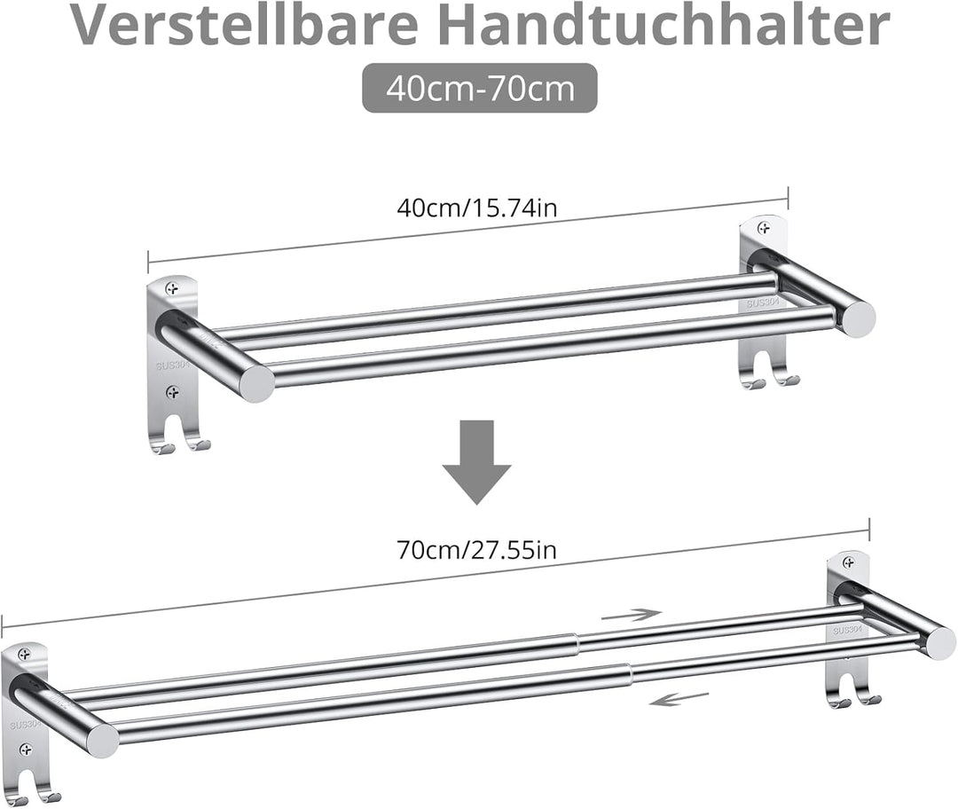 TANiCE 40-70cm Handtuchstange doppelt Bad einstellbar Edelstahl Selbstklebend Handtuchstange wandmon